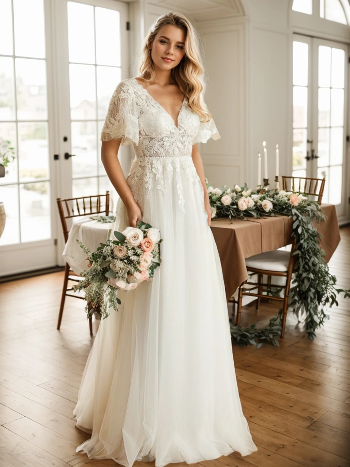 Elegant A-Line Wedding Dress V Neck Floor Length Tulle Lace Applique Short Sleeves Rehearsal Dinner Dresses 2025 Free Customized
Elegant A-Line Wedding Dress V Neck Floor Length Tulle Lace Applique Short Sleeves Rehearsal Dinner Dresses 2025 Free Customized