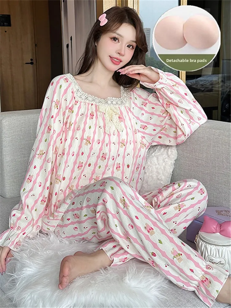 Cloud Cotton Sleepwear Women's Long Sleeve Home Clothes Set with Chest Pad Cute Cartoon Stripes Design Spring Autumn New Arrival
Cloud Cotton Sleepwear Women's Long Sleeve Home Clothes Set with Chest Pad Cute Cartoon Stripes Design Spring Autumn New Arrival