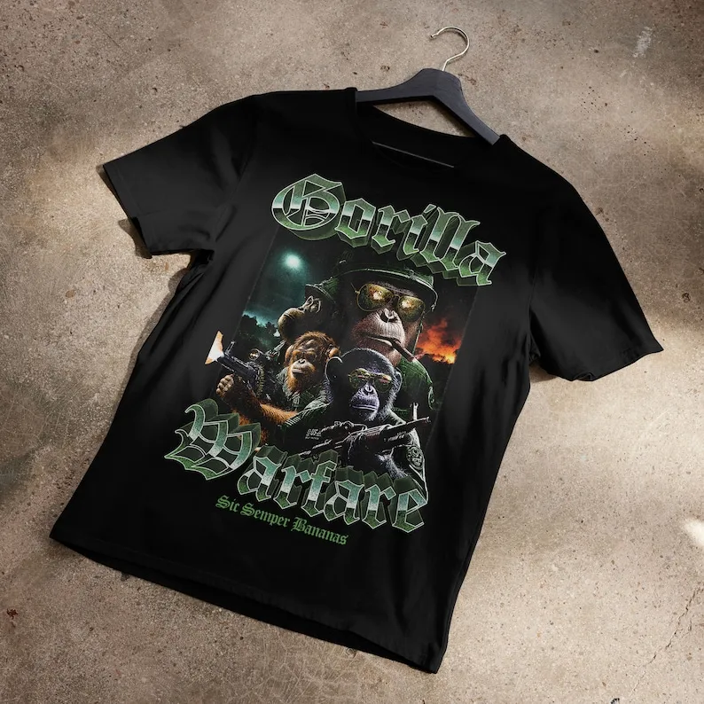 Gorilla Warfare Graphic Tee Vintage inspired design Orangutan Tee 70's inspired Nam tee
Gorilla Warfare Graphic Tee Vintage inspired design Orangutan Tee 70's inspired Nam tee