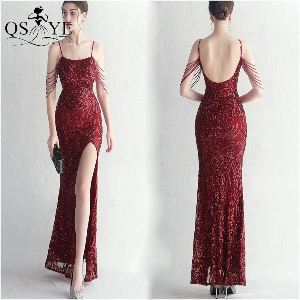 Beading Side Sleeves Red Evening Dresses Pattern Sequin Lace Prom Gown Party Spaghetti Straps Low Back Burgundy Formal Dress New
Beading Side Sleeves Red Evening Dresses Pattern Sequin Lace Prom Gown Party Spaghetti Straps Low Back Burgundy Formal Dress New