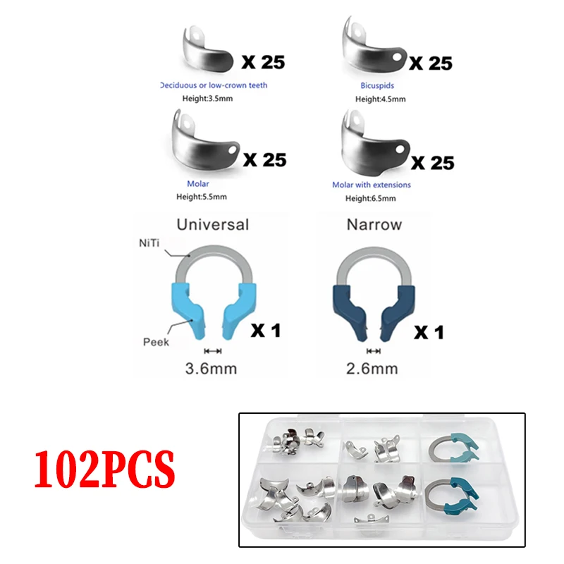 102Pcs Dental Matrix Bands Sectional Contoured Metal Matrices Clamp Ring Elasticiry Matrix Strips Dentist Tools
102Pcs Dental Matrix Bands Sectional Contoured Metal Matrices Clamp Ring Elasticiry Matrix Strips Dentist Tools