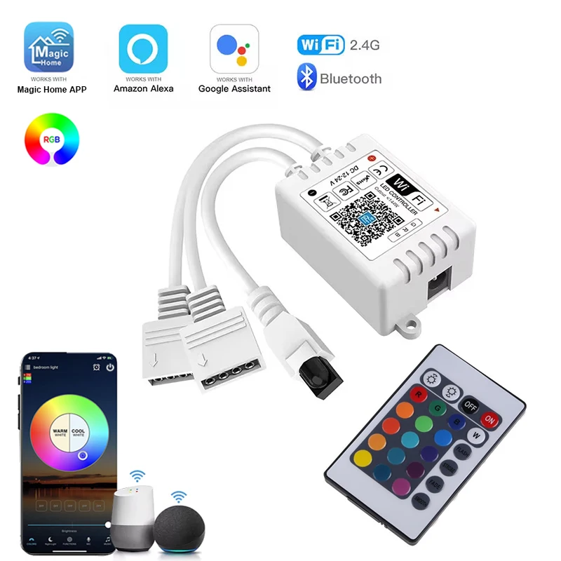 LED Smart WiFi Controller 4Pin Output with 24-Key Remote Work with Alexa/Google Assistant for SMD 5050 2835 RGB LED Strip Lights
LED Smart WiFi Controller 4Pin Output with 24-Key Remote Work with Alexa/Google Assistant for SMD 5050 2835 RGB LED Strip Lights