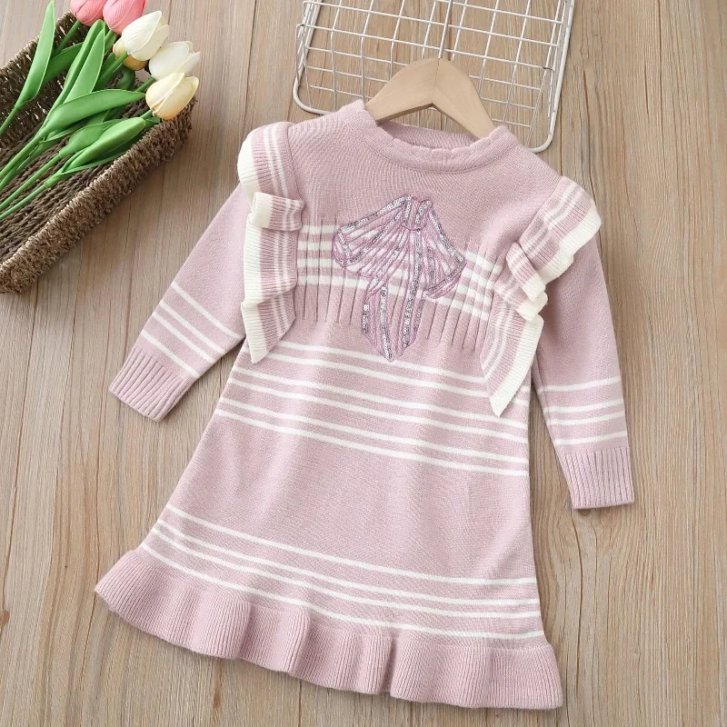 Knitted Sweater Dress Girls Long Sleeve Bow Sequin Ruffled Striped Kids Autumn Princess Dress
Knitted Sweater Dress Girls Long Sleeve Bow Sequin Ruffled Striped Kids Autumn Princess Dress