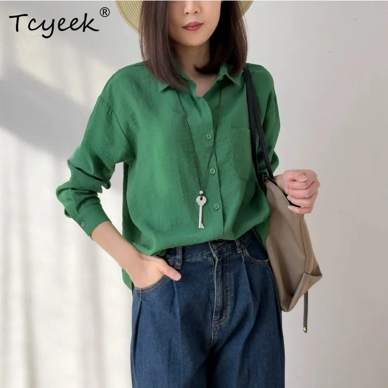 Tcyeek 76% Real Silk Womens Tops 2026 Spring Autumn Breathable Casual Elf Green Long-sleeved Shirts Woman Clothing Chemise Femme
Tcyeek 76% Real Silk Womens Tops 2026 Spring Autumn Breathable Casual Elf Green Long-sleeved Shirts Woman Clothing Chemise Femme