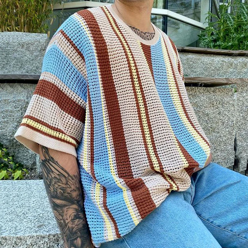 Fashion Stripe Contrast Color Knit Top Men Summer Breathable Loose Short Sleeve Knitted T-shirt Mens Streetwear Vintage T Shirts
Fashion Stripe Contrast Color Knit Top Men Summer Breathable Loose Short Sleeve Knitted T-shirt Mens Streetwear Vintage T Shirts