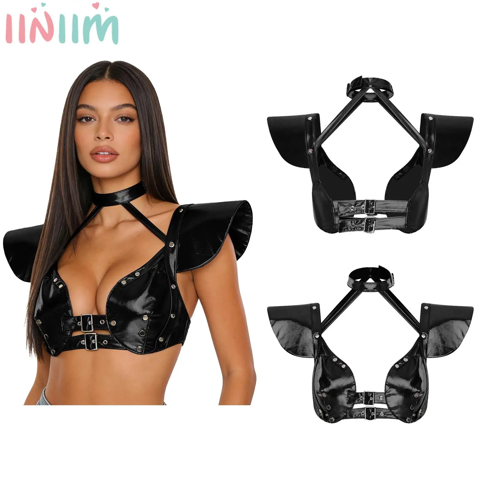 Женский укороченный топ в готическом стиле с металлическим блеском, регулируемыми пряжками, рукавами-крылышками и стразами, для клуба
Женский укороченный топ в готическом стиле с металлическим блеском, регулируемыми пряжками, рукавами-крылышками и стразами, для клуба