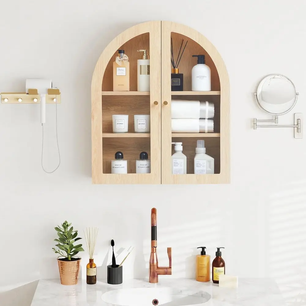Glass Door Wall Bathroom Cabinet, Adjustable Shelves Wood Medicine Cabinet, Arched Hanging Storage for Bath, Living, Kitchen (Na
Glass Door Wall Bathroom Cabinet, Adjustable Shelves Wood Medicine Cabinet, Arched Hanging Storage for Bath, Living, Kitchen (Na