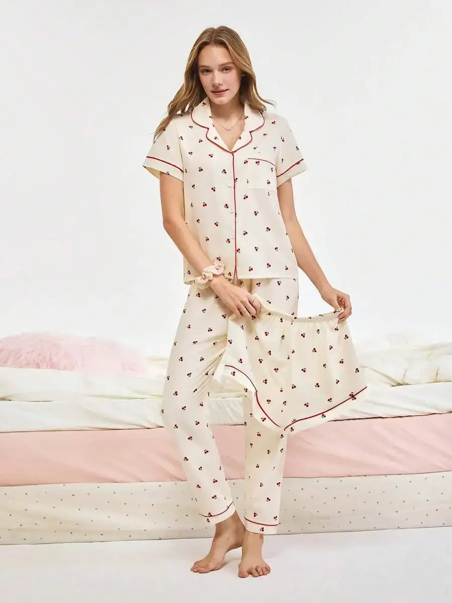 Women Cherry Print Short Sleeve Pajama Set With Pants And Shorts Casual Loose Homewear Spring Summer
Women Cherry Print Short Sleeve Pajama Set With Pants And Shorts Casual Loose Homewear Spring Summer