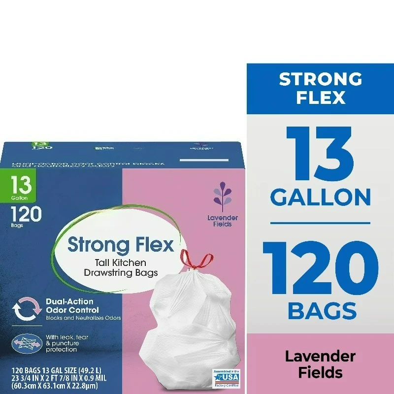 Strong Flex 13-Gallon Drawstring Tall Kitchen Trash Bags, Lavender Fields, 120 Bags
Strong Flex 13-Gallon Drawstring Tall Kitchen Trash Bags, Lavender Fields, 120 Bags