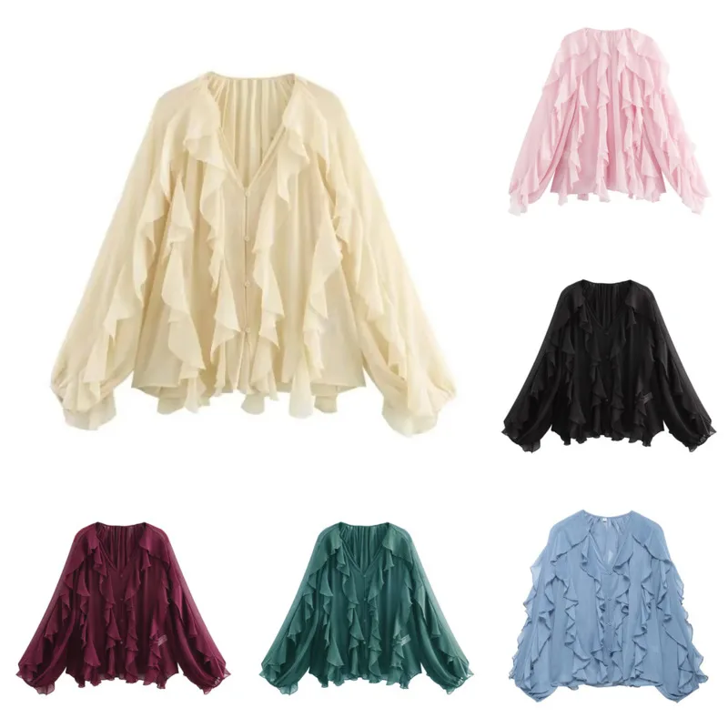 Casual Translucent Ruffles Blouses Single Breasted Tierred Tops Lace Up Spring Blouses 2025 New Fashion Women Loose Solid Shirt
Casual Translucent Ruffles Blouses Single Breasted Tierred Tops Lace Up Spring Blouses 2025 New Fashion Women Loose Solid Shirt