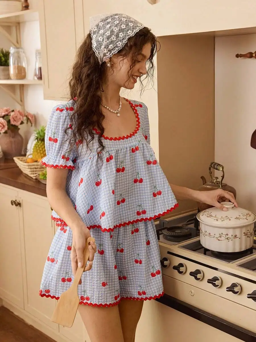 2-Piece Summer Plaid Cherry Print Ruffle Trim Short Sleeve Pajama Set For Women
2-Piece Summer Plaid Cherry Print Ruffle Trim Short Sleeve Pajama Set For Women