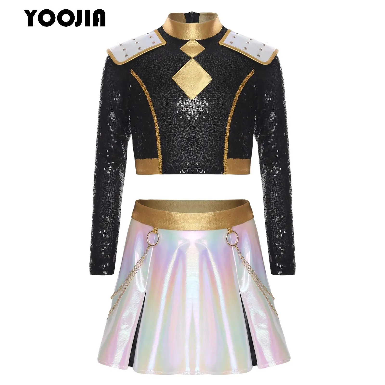 Kids Girls Demon Inspired Singer Dance Costume Halloween Cosplay Outfit Long Sleeve Sequins Crop Top with Waist Chain Skirt Set 
Kids Girls Demon Inspired Singer Dance Costume Halloween Cosplay Outfit Long Sleeve Sequins Crop Top with Waist Chain Skirt Set