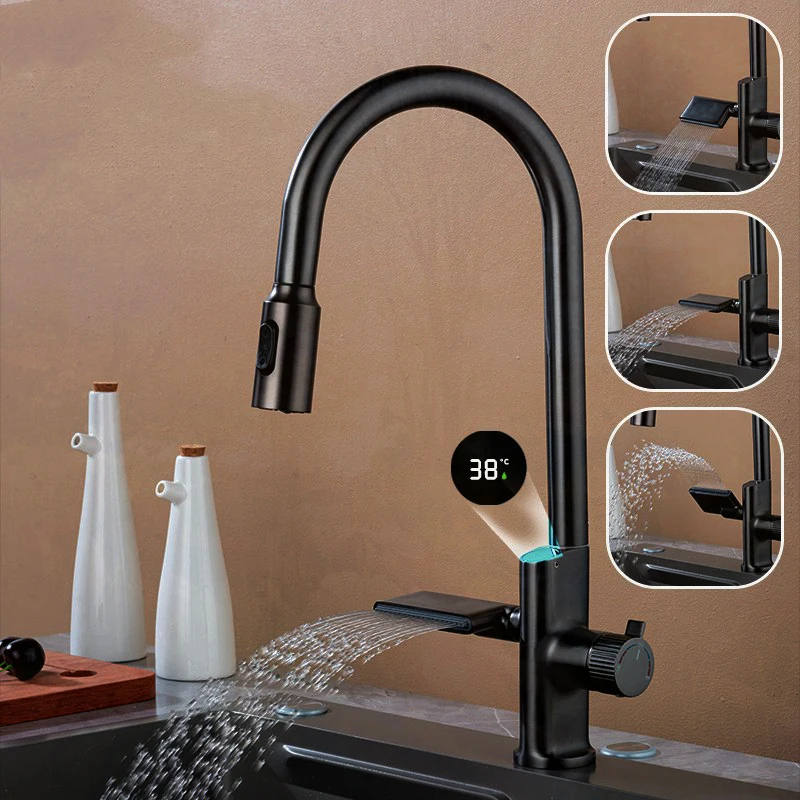 New Waterfall Digital DisplayTemperature Sensor Kitchen Faucet Pull Out Stream Sprayer Hot Cold Water Sink Mixer Tap For Kitchen
New Waterfall Digital DisplayTemperature Sensor Kitchen Faucet Pull Out Stream Sprayer Hot Cold Water Sink Mixer Tap For Kitchen