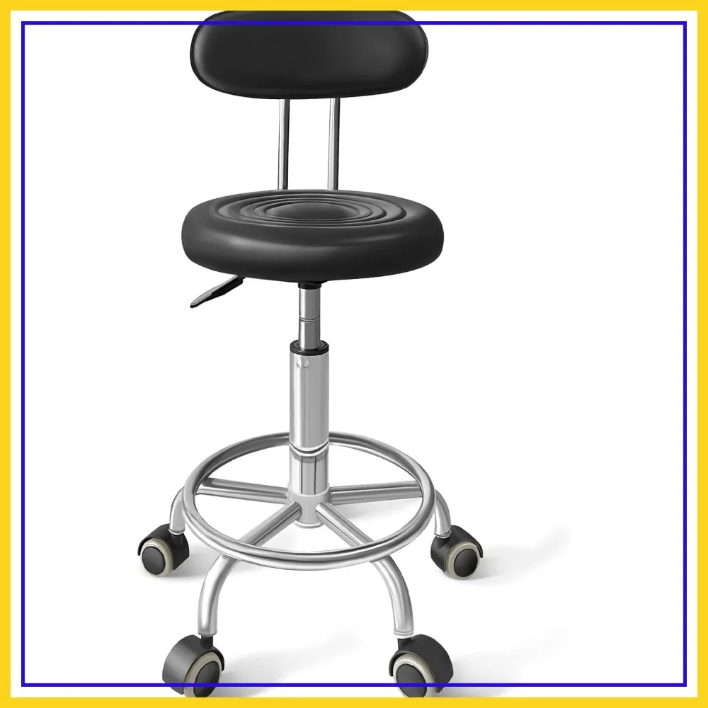 PU Leather Rolling Stool with Back, Height Adjustable, 360° Swivel, Footrest, Black
PU Leather Rolling Stool with Back, Height Adjustable, 360° Swivel, Footrest, Black
