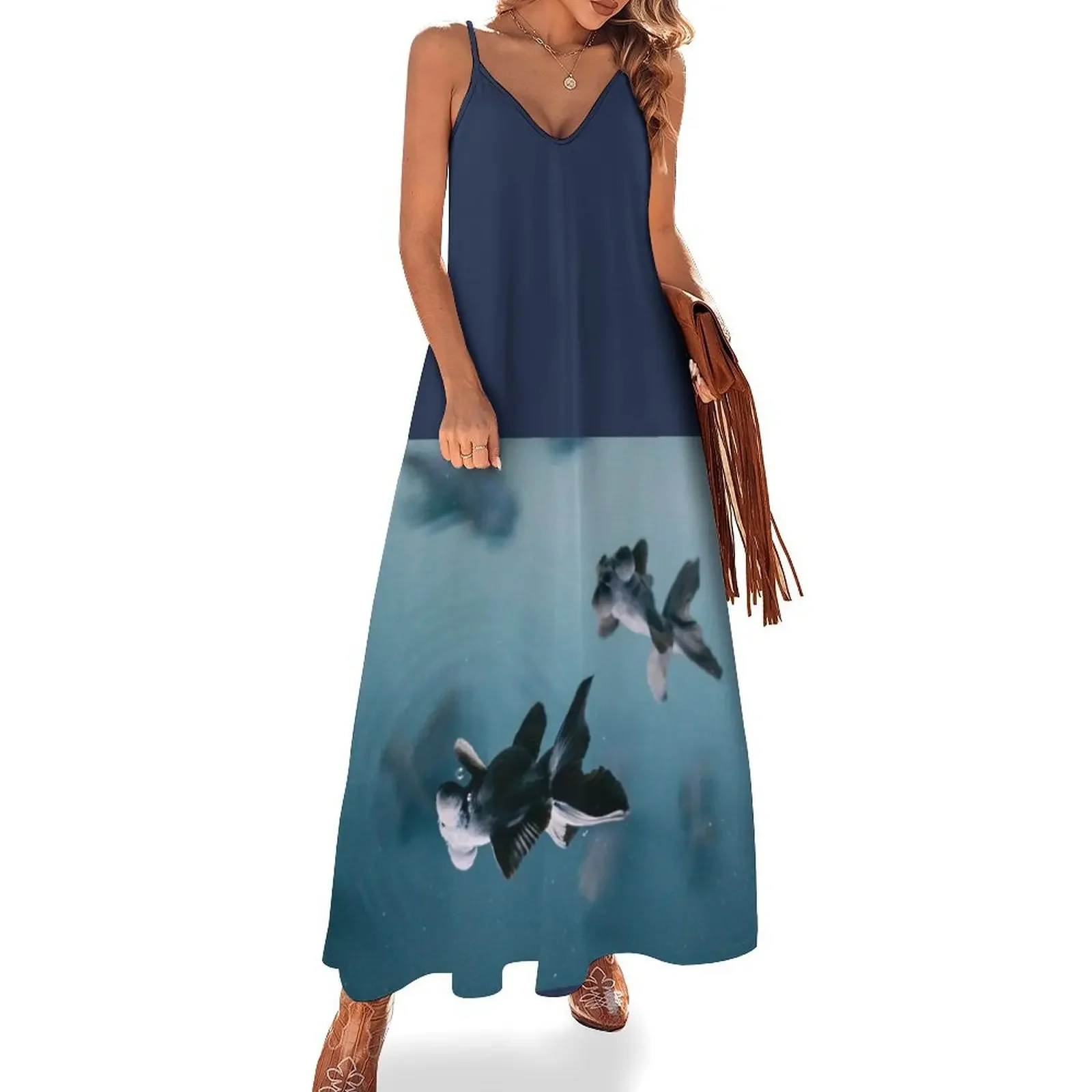 Black Telescope Goldfish Floating in Misty Blue Water - Stunning Zen Vibe Scene at An Aquarium in Japan Sleeveless Dress
Black Telescope Goldfish Floating in Misty Blue Water - Stunning Zen Vibe Scene at An Aquarium in Japan Sleeveless Dress