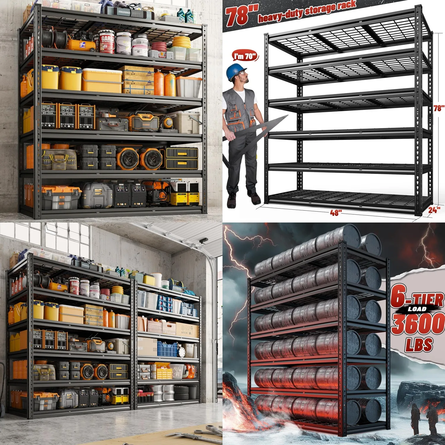 6-Tier Heavy Duty Metal Garage Shelving 3600LBS Adjustable Storage Shelf for Basement Warehouse 48x24x78, Customized
6-Tier Heavy Duty Metal Garage Shelving 3600LBS Adjustable Storage Shelf for Basement Warehouse 48x24x78, Customized