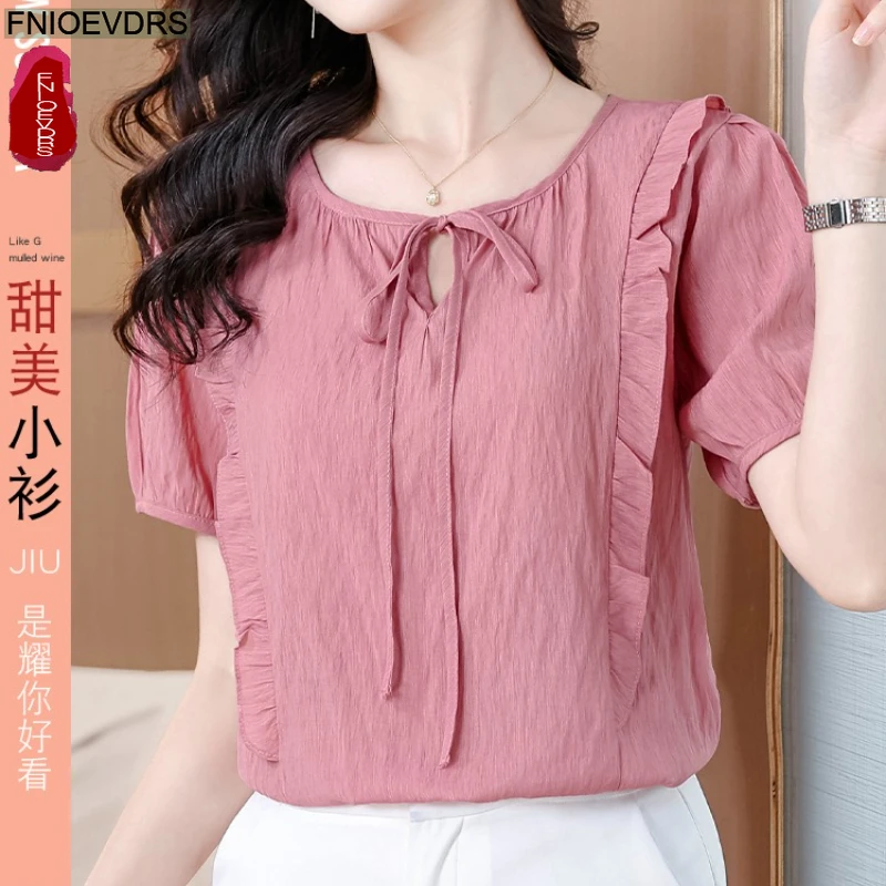 Chiffon Bow Tie Tops Blouses New Fashion Women Summer Shirts Short Sleeve Casual Ruffles Pink Top
Chiffon Bow Tie Tops Blouses New Fashion Women Summer Shirts Short Sleeve Casual Ruffles Pink Top