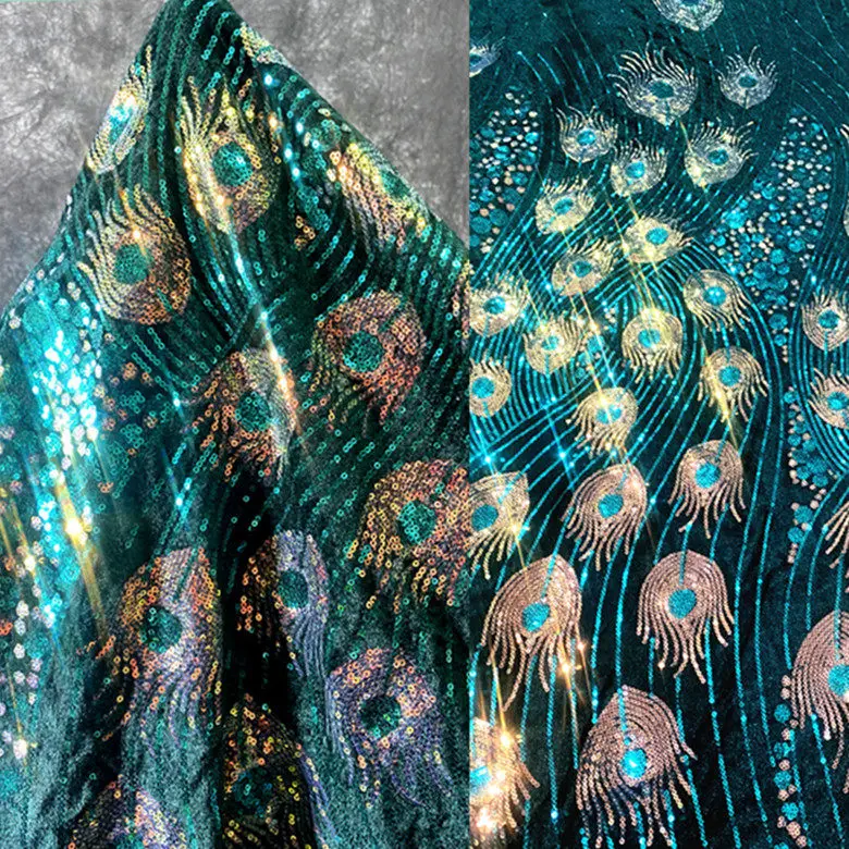 Embroidered Lace Flannel with Peacock Feather Sequin Fabric for Shining Wedding Dresses and Performance Attire
Embroidered Lace Flannel with Peacock Feather Sequin Fabric for Shining Wedding Dresses and Performance Attire