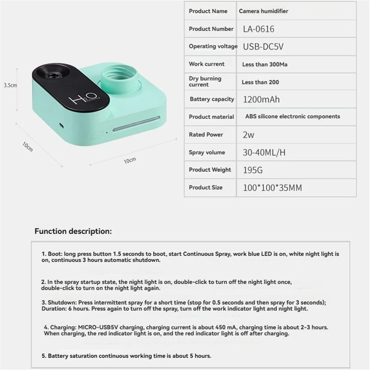 A20M мини-увлажнитель в форме камеры, USB портативный большой объем тумана, настольный увлажнитель для бутылки с водой для спальни, офиса, белый 
A20M мини-увлажнитель в форме камеры, USB портативный большой объем тумана, настольный увлажнитель для бутылки с водой для спальни, офиса, белый