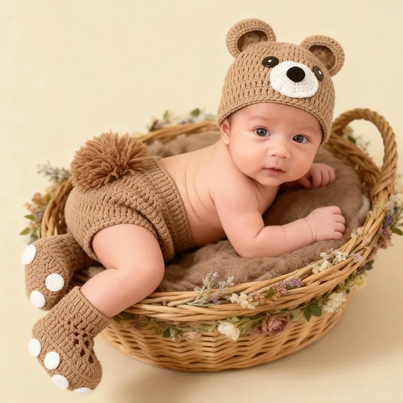 Комплект из 3 предметов: вязаный костюм для новорожденных с медведем (шапочка, шорты, пинетки) для фотосессий в студии
Комплект из 3 предметов: вязаный костюм для новорожденных с медведем (шапочка, шорты, пинетки) для фотосессий в студии