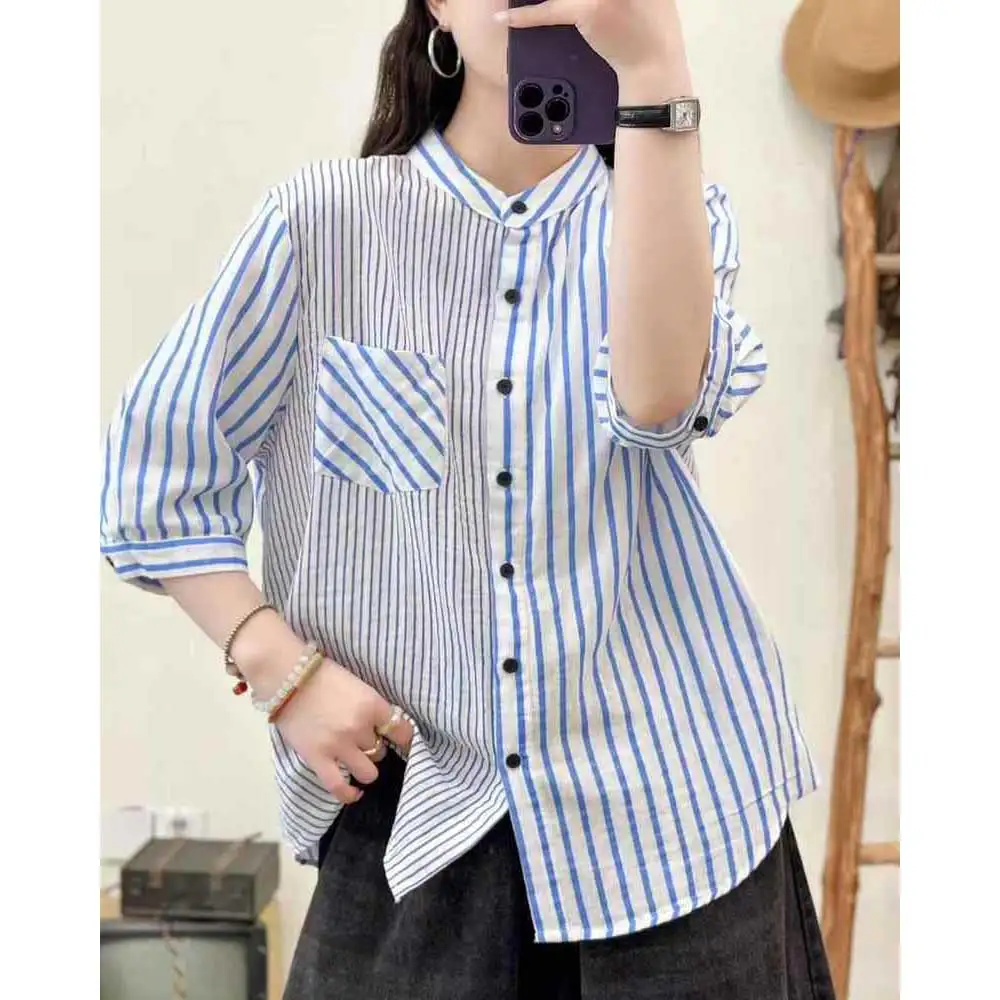 Japanese Vintage Mori Girl Striped Patchwork Shirts Women Spring Summer Stand Collar 3/4 Sleeve Casual Loose Blouse Tops
Japanese Vintage Mori Girl Striped Patchwork Shirts Women Spring Summer Stand Collar 3/4 Sleeve Casual Loose Blouse Tops