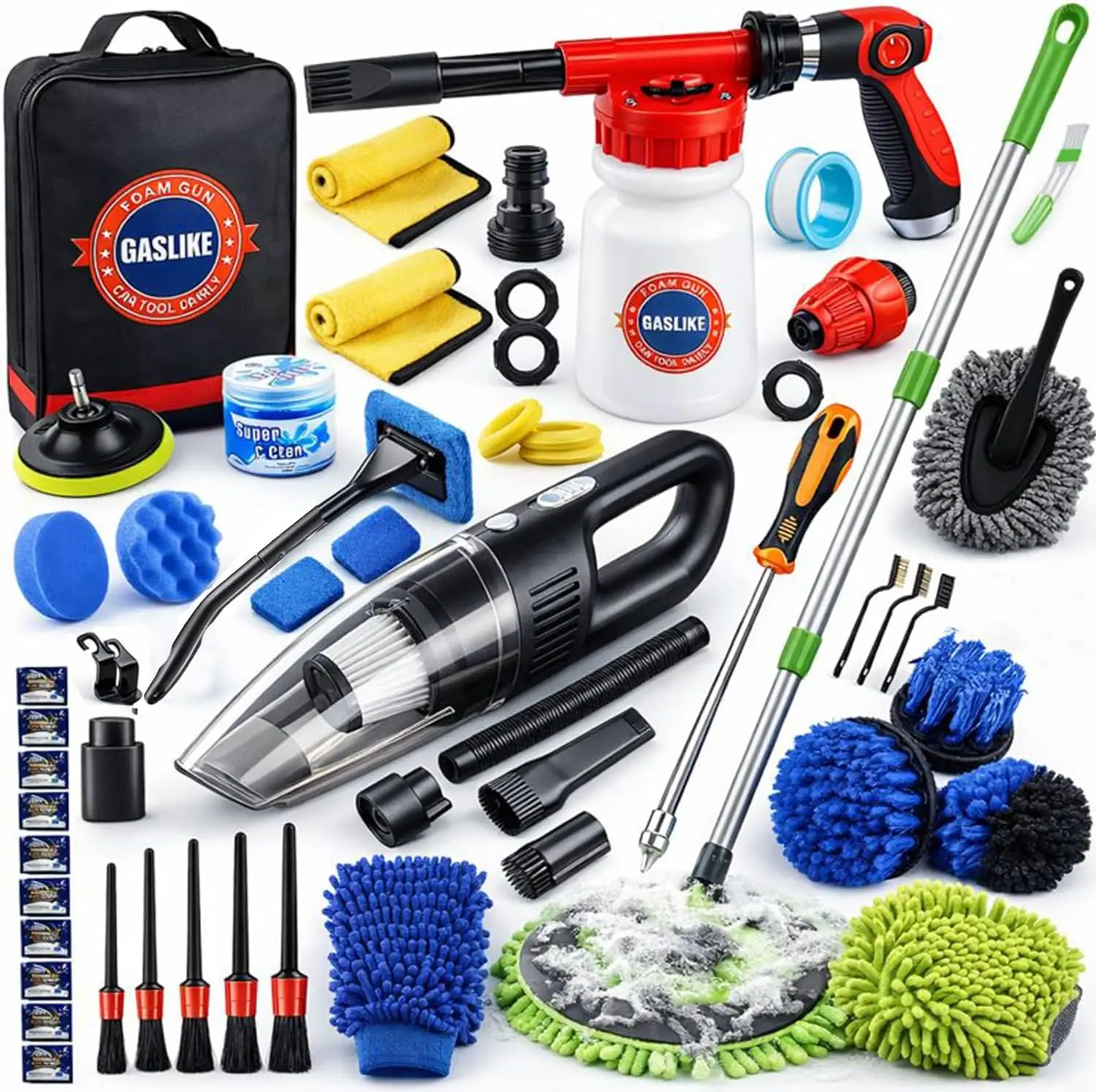 63PCS Car Wash Cleaning Kit with Long Handle Brush, Foam Gun, Handheld Vacuum, Car Detailing Supplies
63PCS Car Wash Cleaning Kit with Long Handle Brush, Foam Gun, Handheld Vacuum, Car Detailing Supplies