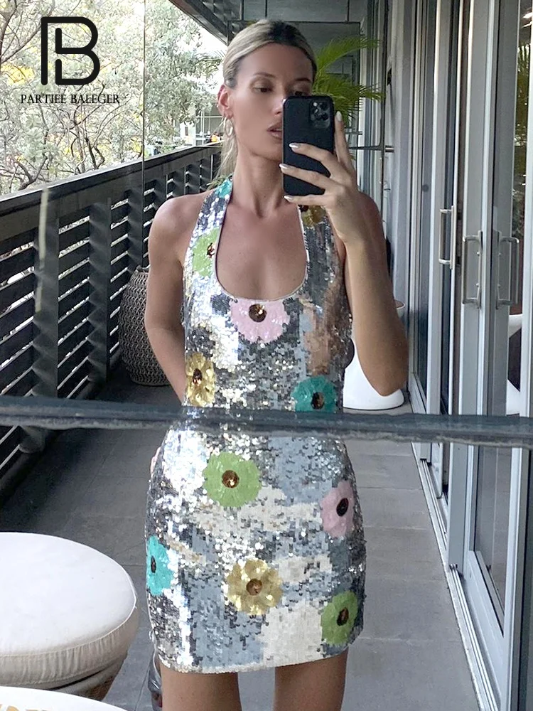 PB Glamorous Silver Sequin Halter Mini Dress with Floral Embellishments Summer Sexy Sleeveless Party Nightclub Gown
PB Glamorous Silver Sequin Halter Mini Dress with Floral Embellishments Summer Sexy Sleeveless Party Nightclub Gown