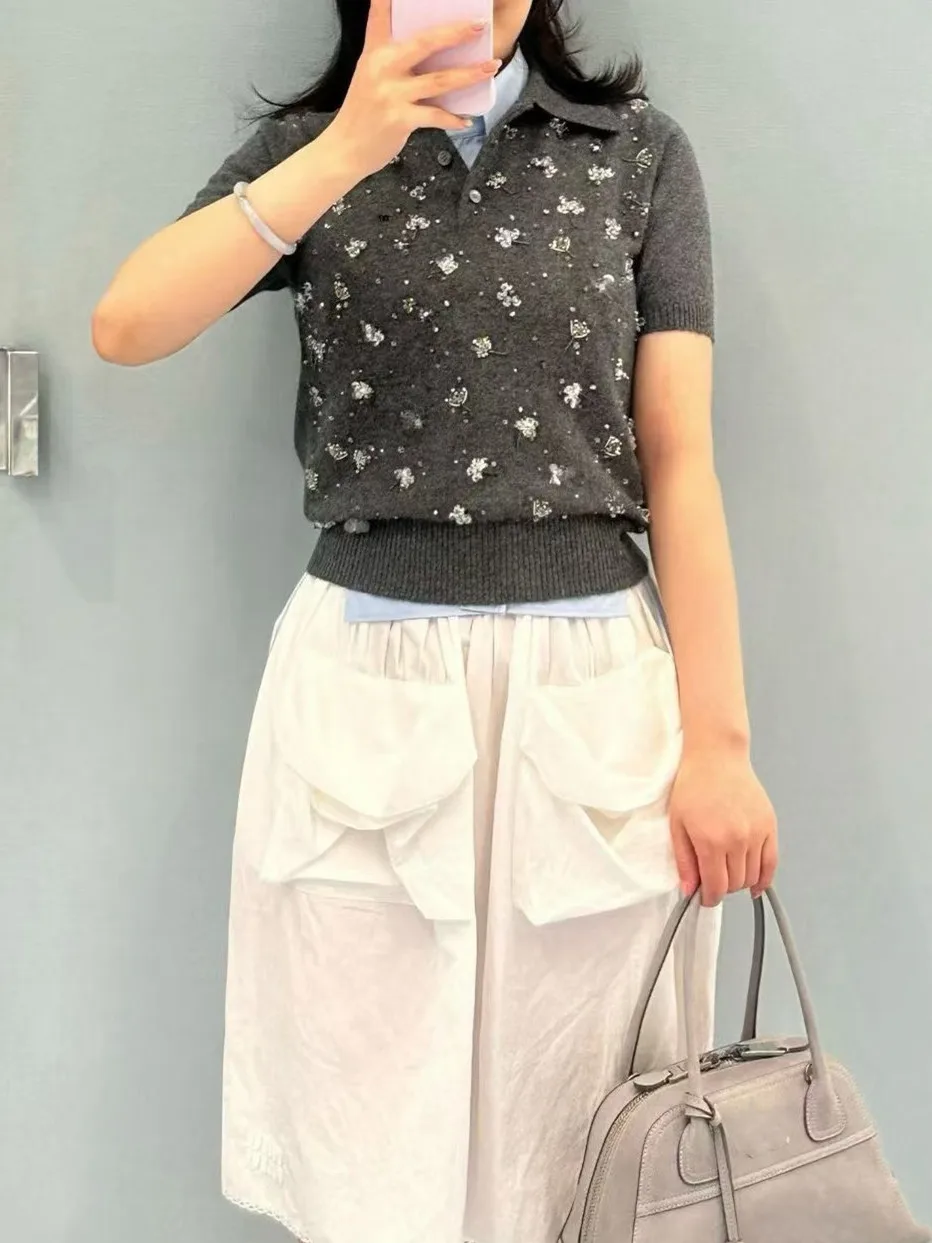 Elegant European Style Heavy Duty Handmade Beaded Fashion Neck Slimming Short Sleeve Knitted Top for Women Casual Soft
Elegant European Style Heavy Duty Handmade Beaded Fashion Neck Slimming Short Sleeve Knitted Top for Women Casual Soft