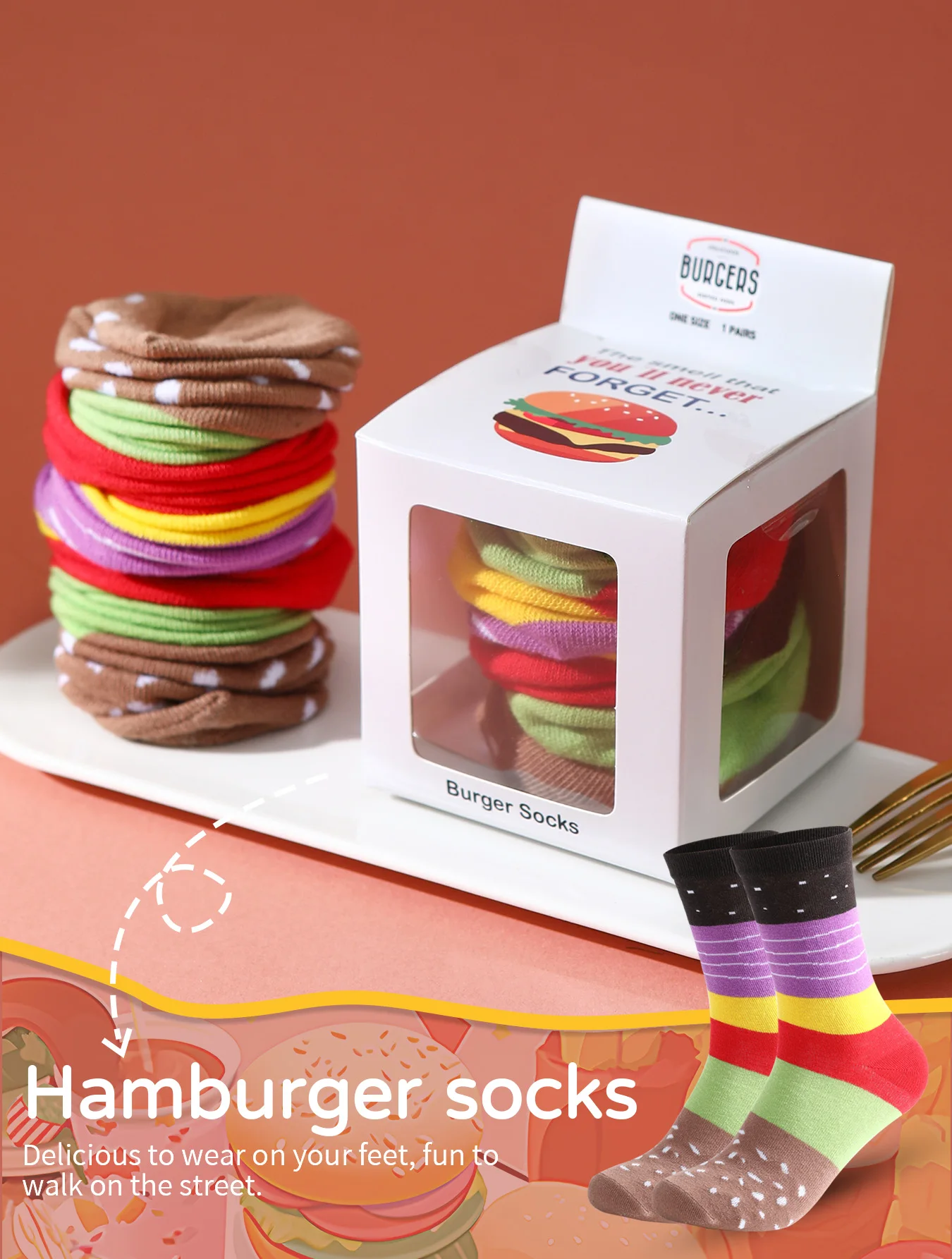1 pair of medium-length unisex socks novel and interesting colorful hamburger gift box socks for Christmas and four seasons
1 pair of medium-length unisex socks novel and interesting colorful hamburger gift box socks for Christmas and four seasons