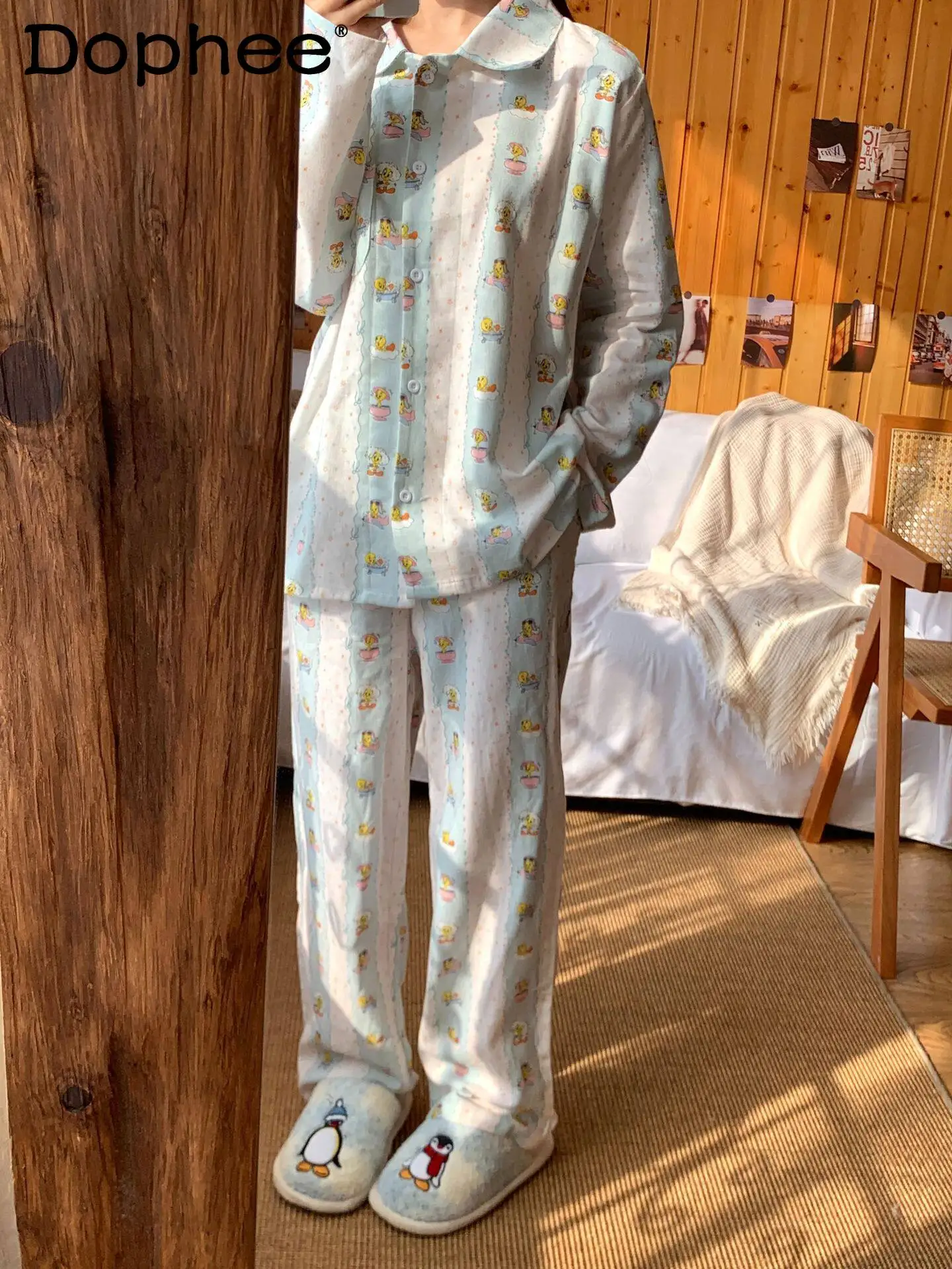 100% чистый хлопок, осень-зима, домашняя одежда в японском стиле с героями мультфильмов, свободный милый пижамный комплект с отложным воротником и длинными рукавами для женщин
100% чистый хлопок, осень-зима, домашняя одежда в японском стиле с героями мультфильмов, свободный милый пижамный комплект с отложным воротником и длинными рукавами для женщин