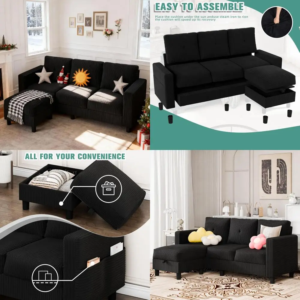Black 3-Seat L-Shaped Sectional Sofa with Ottoman Storage for Small Spaces
Black 3-Seat L-Shaped Sectional Sofa with Ottoman Storage for Small Spaces