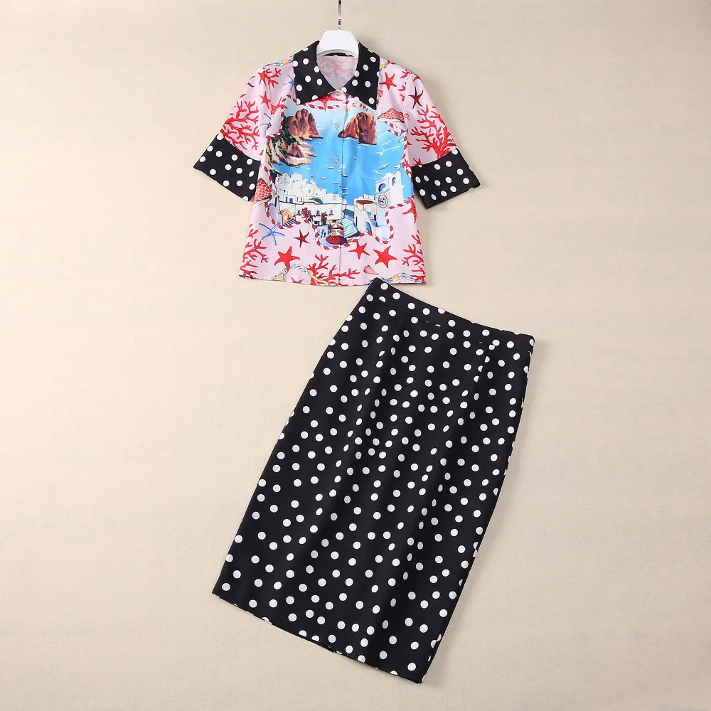 Europe and the United States women's 2024 summer new Short-sleeved sea view printed shirt Polka dot print skirt Fashion suit
Europe and the United States women's 2024 summer new Short-sleeved sea view printed shirt Polka dot print skirt Fashion suit