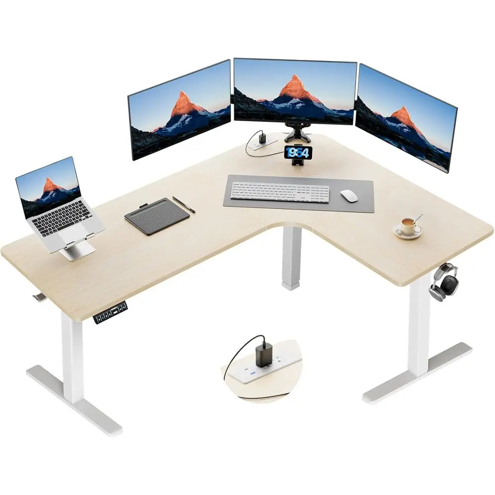 Electric Height-Adjustable L-Shaped Desk with Built-in Outlets, Power Strip Holder, 3 Preset Heights, Natural Wood Finish
Electric Height-Adjustable L-Shaped Desk with Built-in Outlets, Power Strip Holder, 3 Preset Heights, Natural Wood Finish