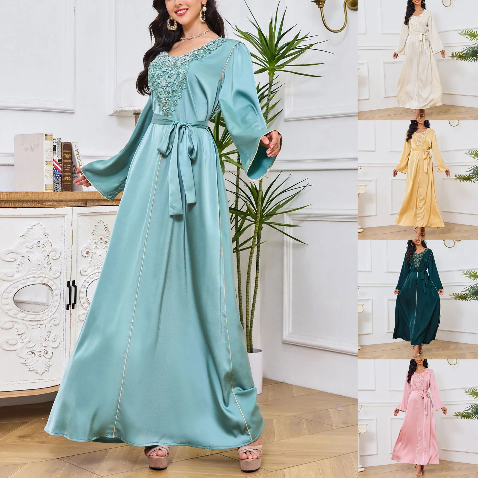 Polyester Muslim Abaya for Women Summer Elegant Muslim Women Long Sleeve V-neck Belted Abaya Ramadan Female Long Dresses
Polyester Muslim Abaya for Women Summer Elegant Muslim Women Long Sleeve V-neck Belted Abaya Ramadan Female Long Dresses