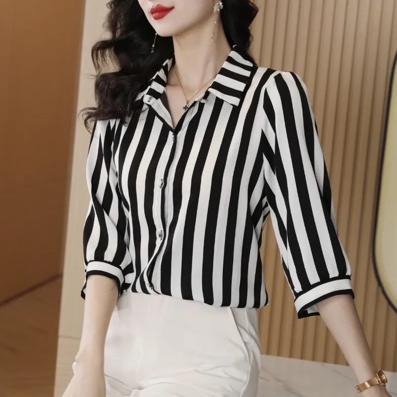 Women Clothes Summer Fashion Elegant Simplicity Striped 3/4 Sleeve Shirts Women's Korean Office Lady Casual Temperament Tops
Women Clothes Summer Fashion Elegant Simplicity Striped 3/4 Sleeve Shirts Women's Korean Office Lady Casual Temperament Tops