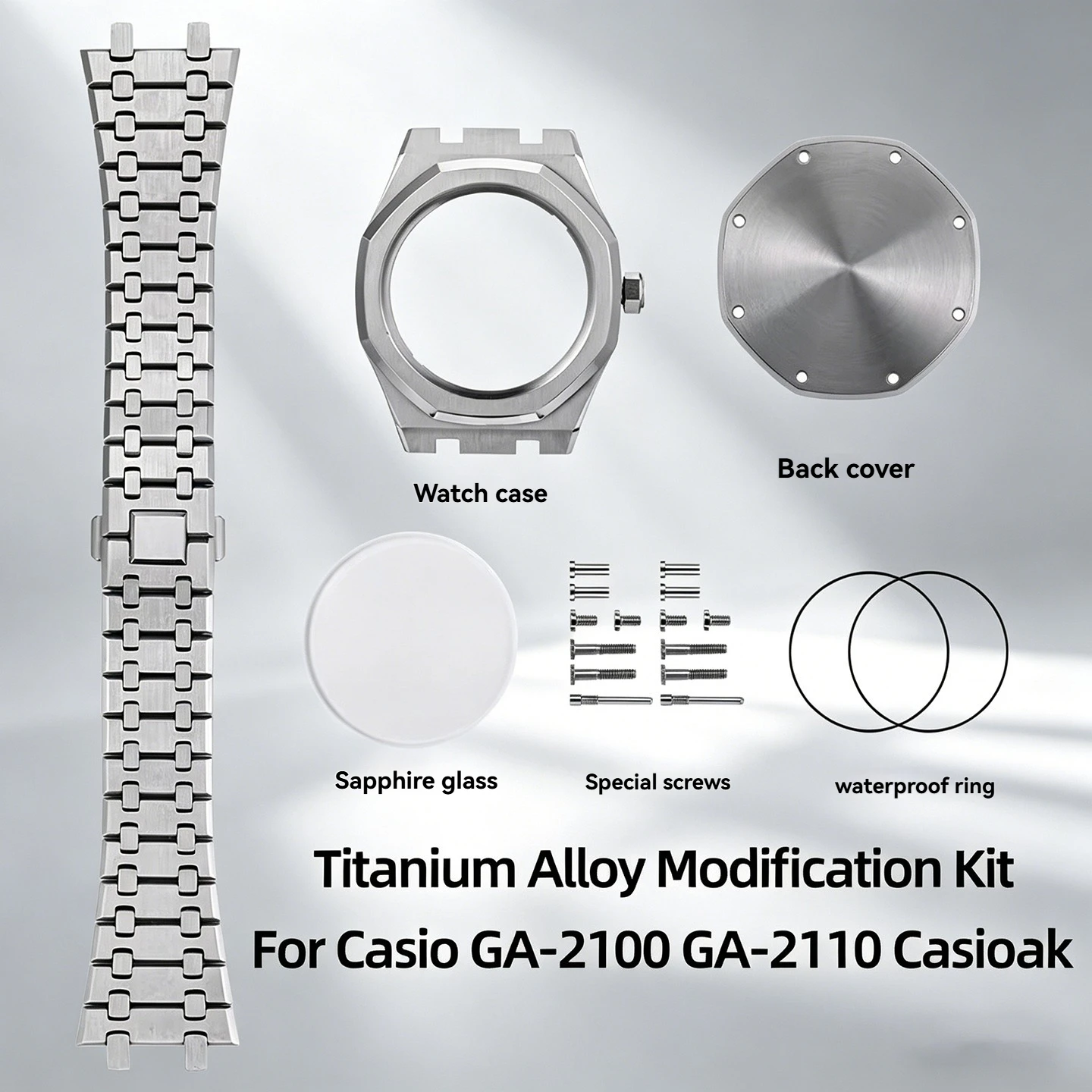 Комплект для модификации из титанового сплава для Casio GA-2100 GA-2110 Casioak, корпус из стали 316L, безель, ремешок, сапфировое стекло, задняя крышка
Комплект для модификации из титанового сплава для Casio GA-2100 GA-2110 Casioak, корпус из стали 316L, безель, ремешок, сапфировое стекло, задняя крышка