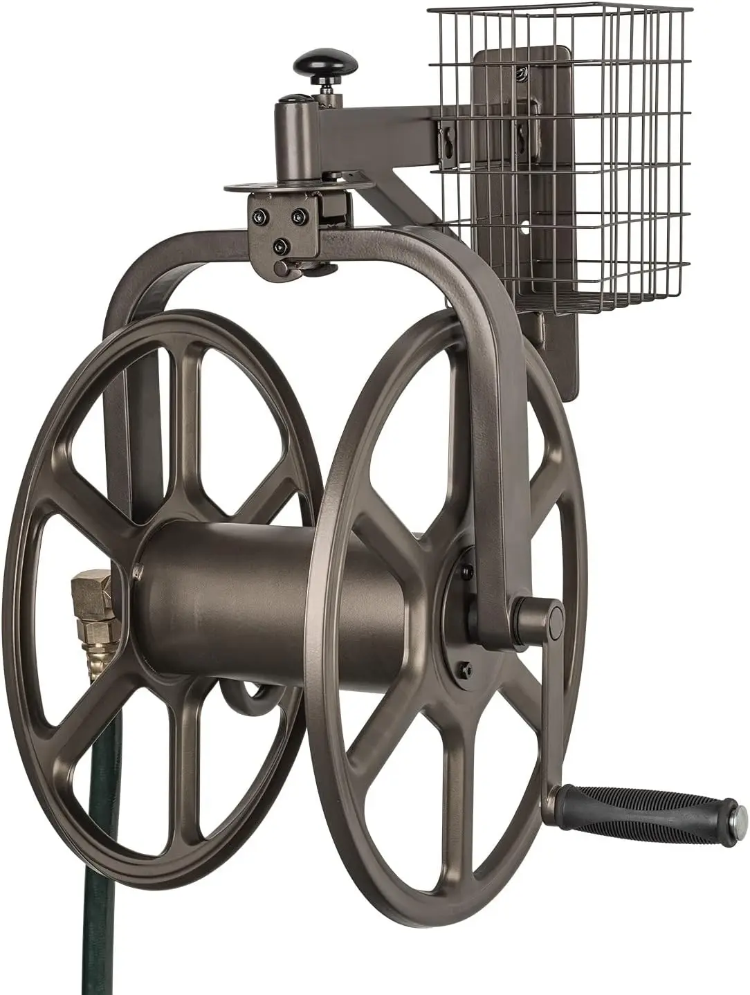 Garden Hose Reel Holds 125-Feet of 5/8-Inch Hose, 360 Degree Rotation, Heavy Duty Steel with Bronze Finish
Garden Hose Reel Holds 125-Feet of 5/8-Inch Hose, 360 Degree Rotation, Heavy Duty Steel with Bronze Finish