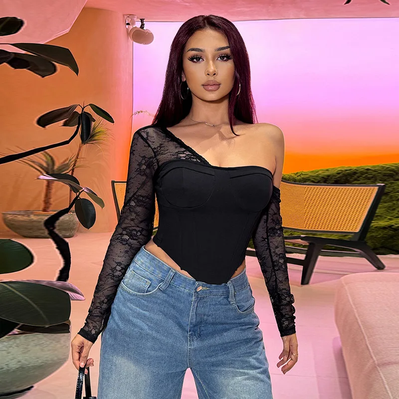 Women's Black Pure Desire Wind Sexy Hottie Hundred Slim Slant Shoulder Lace Slim Slim Splicing Top
Women's Black Pure Desire Wind Sexy Hottie Hundred Slim Slant Shoulder Lace Slim Slim Splicing Top