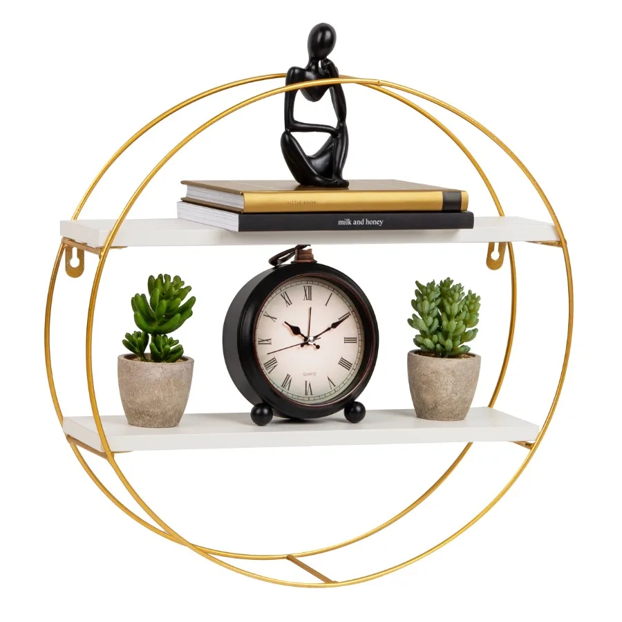 Floating Round Wall Shelves Gold Metal Frame with Dual White Display Shelves Decorative Wall-Mounted Organizer Metal MDF White
Floating Round Wall Shelves Gold Metal Frame with Dual White Display Shelves Decorative Wall-Mounted Organizer Metal MDF White