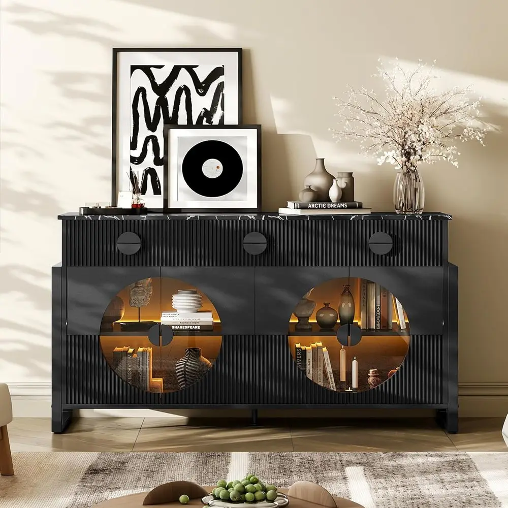 62 L-shaped Storage Cabinet with LED Lights, Circular Glass Top, Marble Base, Wine & Coffee Display for Dining or Kitchen, Black
62 L-shaped Storage Cabinet with LED Lights, Circular Glass Top, Marble Base, Wine & Coffee Display for Dining or Kitchen, Black