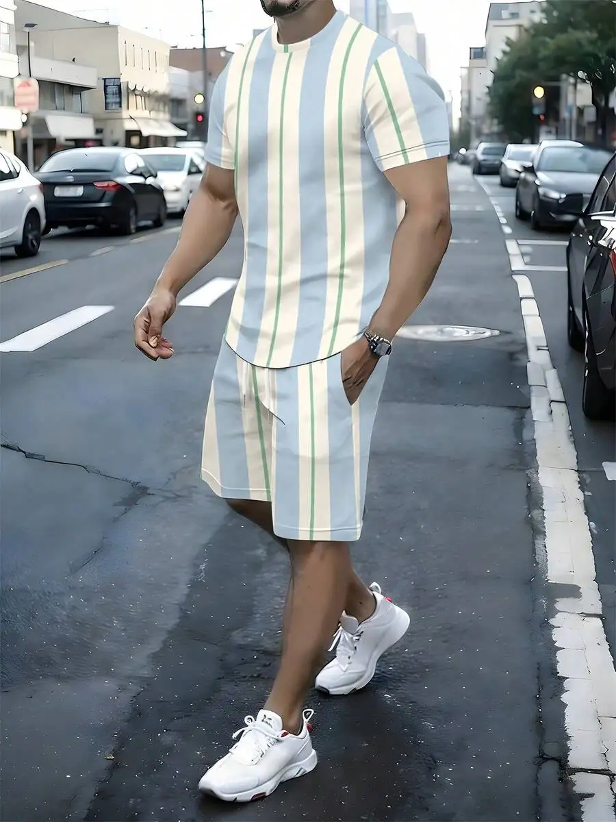 Mens Striped Short Sleeve Two Piece Set Light Blue White Green Vertical Pattern Woven Casual Beachwear Machine Washable
Mens Striped Short Sleeve Two Piece Set Light Blue White Green Vertical Pattern Woven Casual Beachwear Machine Washable