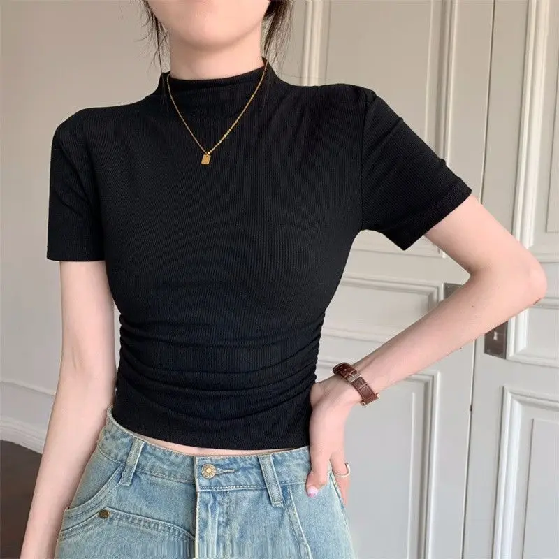 Simplicity Pleated Slim Sexy Pullovers Top Women Clothing Summer Short Sleeve Solid Basic Fashion Short T Shirts Korean Casual
Simplicity Pleated Slim Sexy Pullovers Top Women Clothing Summer Short Sleeve Solid Basic Fashion Short T Shirts Korean Casual