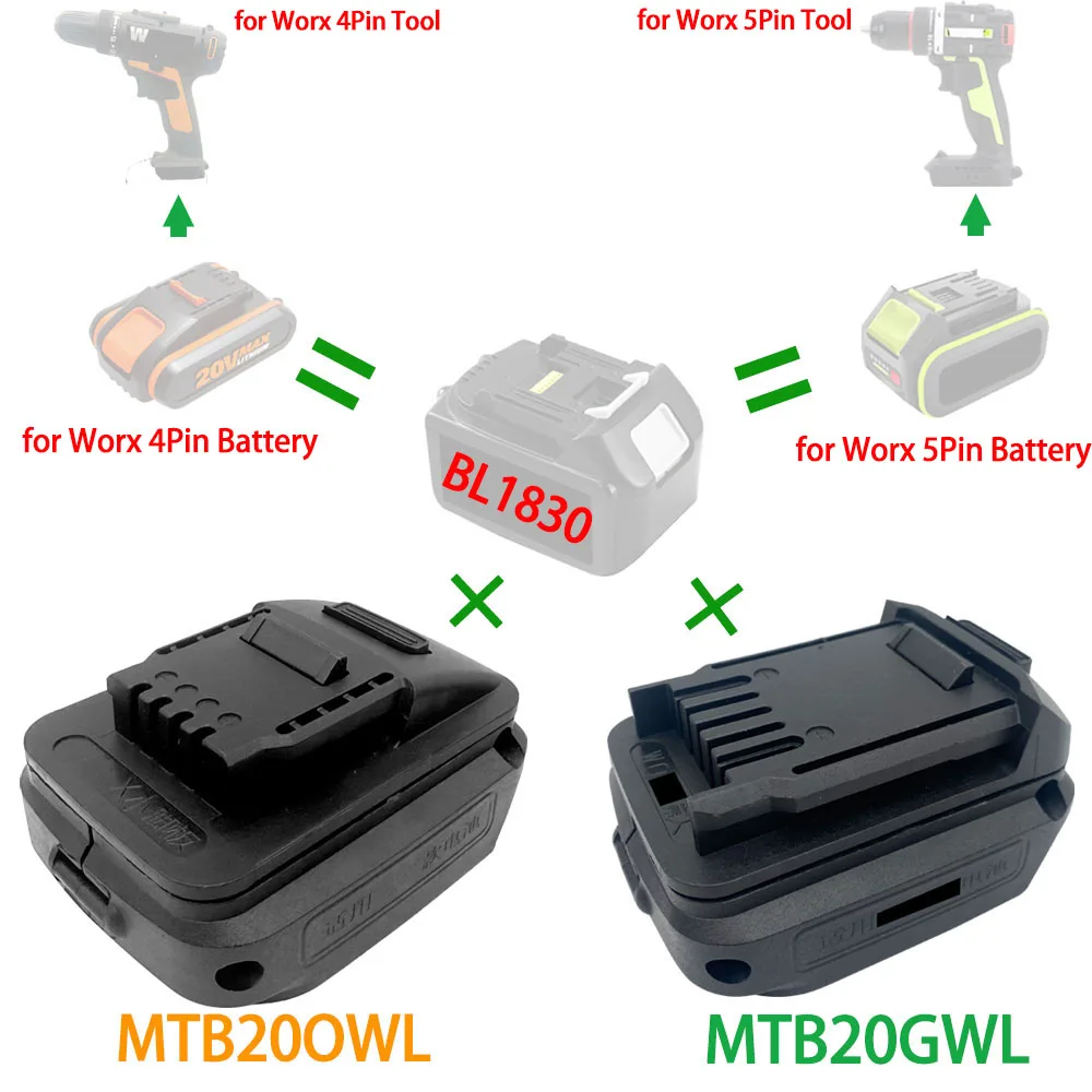 Power Tool Adapter Converter for Makita 18V Li-ion Battery BL1830 for Worx 4 Pin Samll 5 Pin Big Foot 20V Power Tool WU279 WX550
Power Tool Adapter Converter for Makita 18V Li-ion Battery BL1830 for Worx 4 Pin Samll 5 Pin Big Foot 20V Power Tool WU279 WX550