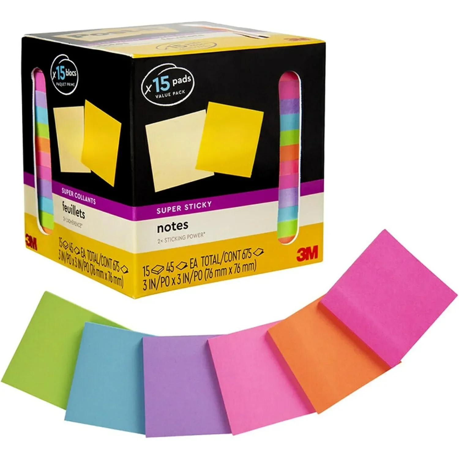 Super Sticky Notes, Assorted Bright Colors, 3x3 Inches, 15 Sheets/Pack, 45 Sheets/Pack, 2x Adhesive Power, Recyclable
Super Sticky Notes, Assorted Bright Colors, 3x3 Inches, 15 Sheets/Pack, 45 Sheets/Pack, 2x Adhesive Power, Recyclable