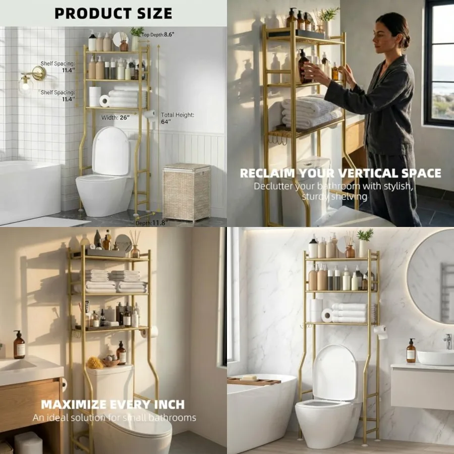Over Toilet Storage with Anti-Tilt Safety System - 150lb Total Capacity Metal Bathroom Shelves Including Paper Holder and 4 Hoo
Over Toilet Storage with Anti-Tilt Safety System - 150lb Total Capacity Metal Bathroom Shelves Including Paper Holder and 4 Hoo