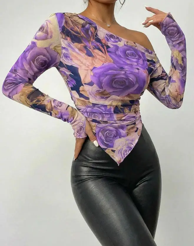 Top Women 2026 New Vintage Floral Print Skew Neck Long Sleeve Asymmetrical Hem Tee Slim Fit Sheer Mesh Top with Thumb Hole Cuffs
Top Women 2026 New Vintage Floral Print Skew Neck Long Sleeve Asymmetrical Hem Tee Slim Fit Sheer Mesh Top with Thumb Hole Cuffs