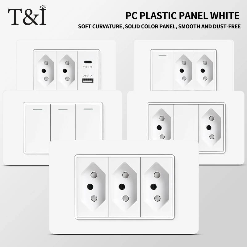T&I 118 PC Plastic Panel Socket, USB Type - C, Brazil Switch & 3gang Wall Switch - A Must for Residential & Office Spaces 
T&I 118 PC Plastic Panel Socket, USB Type - C, Brazil Switch & 3gang Wall Switch - A Must for Residential & Office Spaces