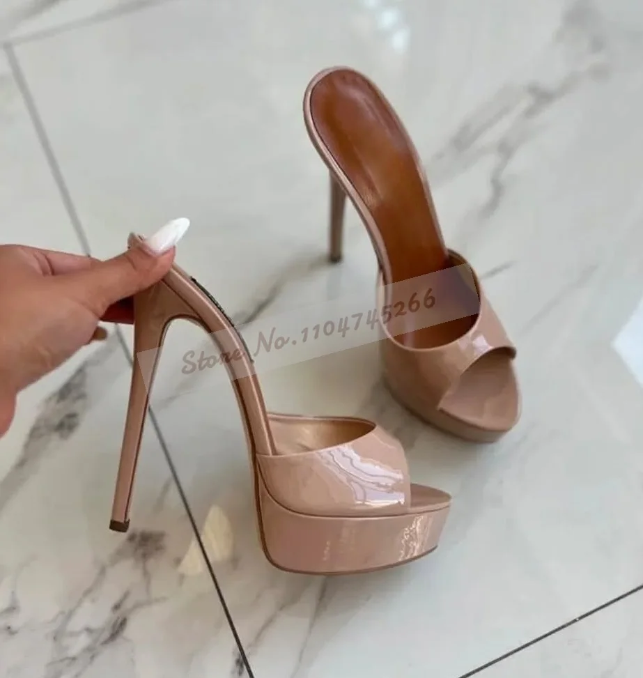 Nude White Shiny Patent Leather Modern Slippers Stiletto Heel Platform Dress Mules Slip-On Open Toe Sandals Elegant Party Shoes
Nude White Shiny Patent Leather Modern Slippers Stiletto Heel Platform Dress Mules Slip-On Open Toe Sandals Elegant Party Shoes