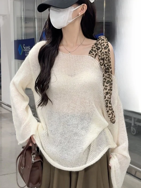 Loose Casual Women's Long Sve Knitted Sweater Leopard Print Ribbon Splicing Spring Autumn New Sle oulder Baring Top
Loose Casual Women's Long Sve Knitted Sweater Leopard Print Ribbon Splicing Spring Autumn New Sle oulder Baring Top