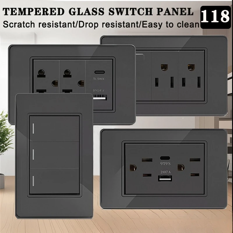 118*75mm TEMPERED GLASS SWITCH PANEL Wall Socket with USB Type - C, Grey US Switch, Thai Plug for Home & Office Use
118*75mm TEMPERED GLASS SWITCH PANEL Wall Socket with USB Type - C, Grey US Switch, Thai Plug for Home & Office Use